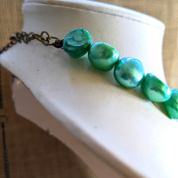 Mint Green Opal Swarovski Crystal and Baroque Pearl Statement Necklace in Brass - Picture 5 of 9